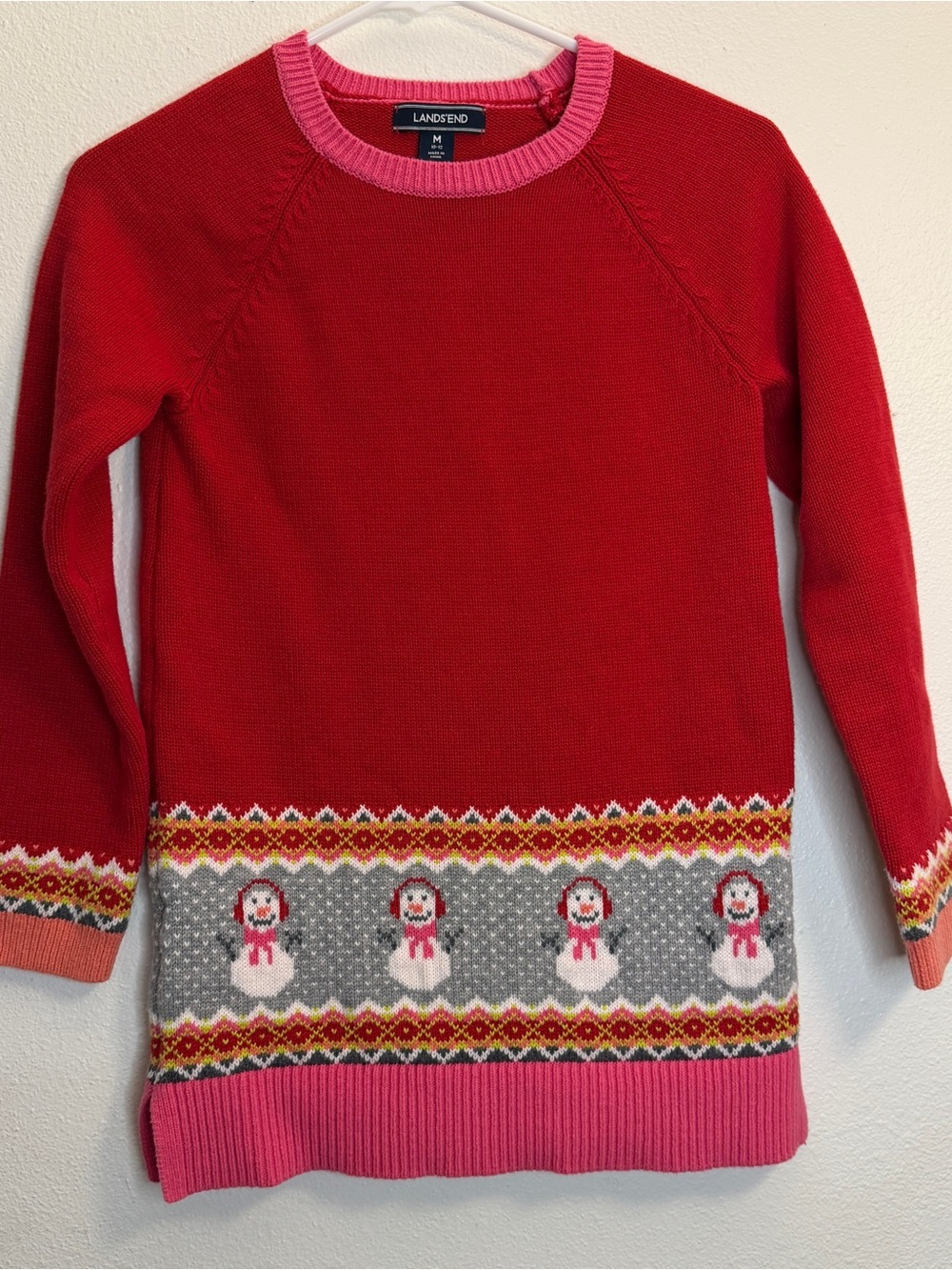 Lands' End Red Knit Tunic Sweater/ Dress, Pink Trim & Snowman Fair Isle M 10/12